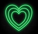 two smaller neon green hearts within one larger neon green heart